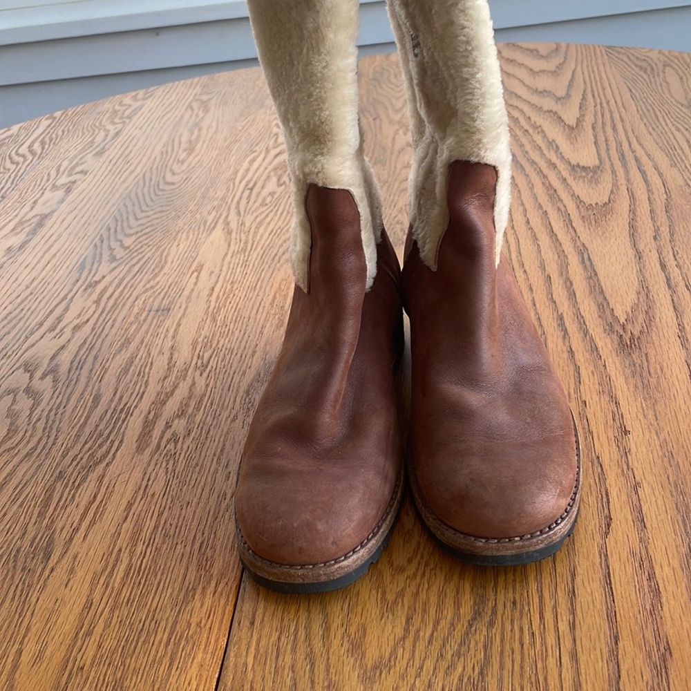 UGG Chrystie Brown Leather Cream Sheepskin Tall Boots - Picture 2 of 8